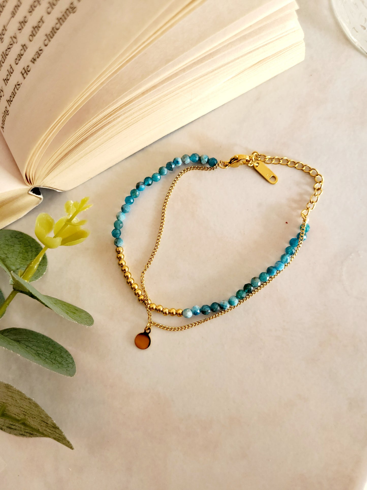 Pulsera de cristal Aqua en capas - Aqua / Oro / Colgante / Pulsera de dos capas