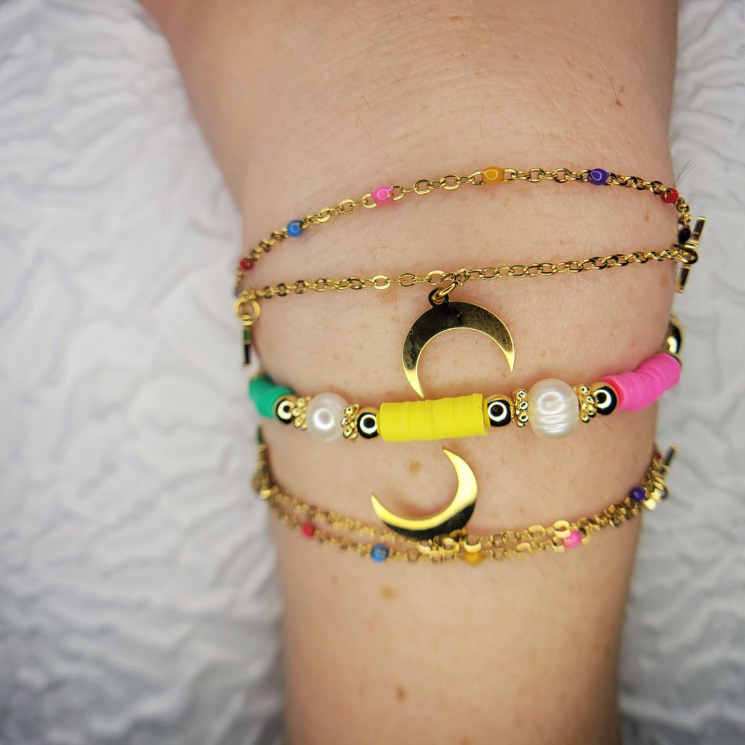 Pulsera de Perlas de Colores- Verde / Amarillo / Rosa / Acero Inoxidable