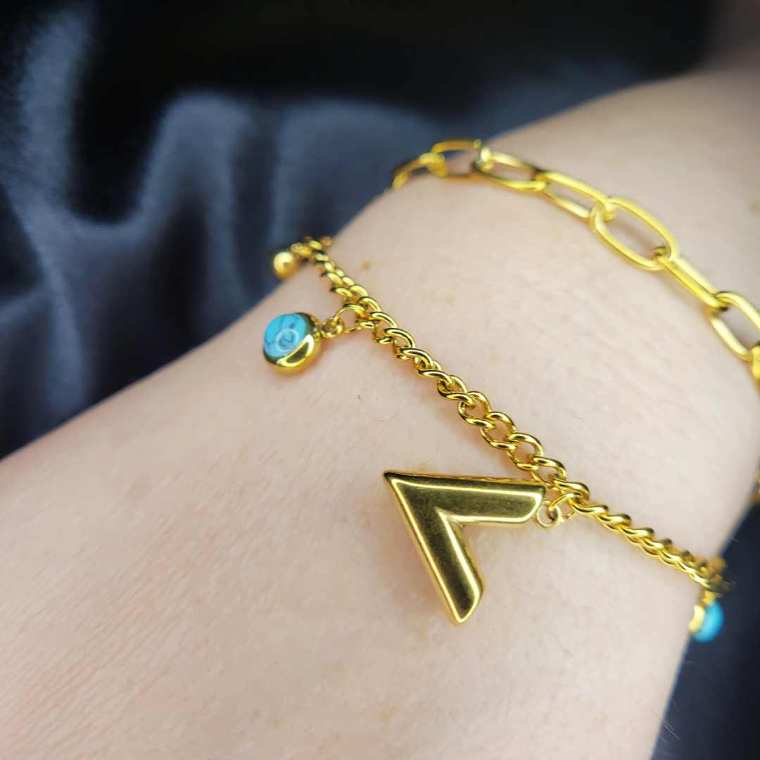 Pulsera Doble Capa - Piedra Turquesa / Colgante "V"