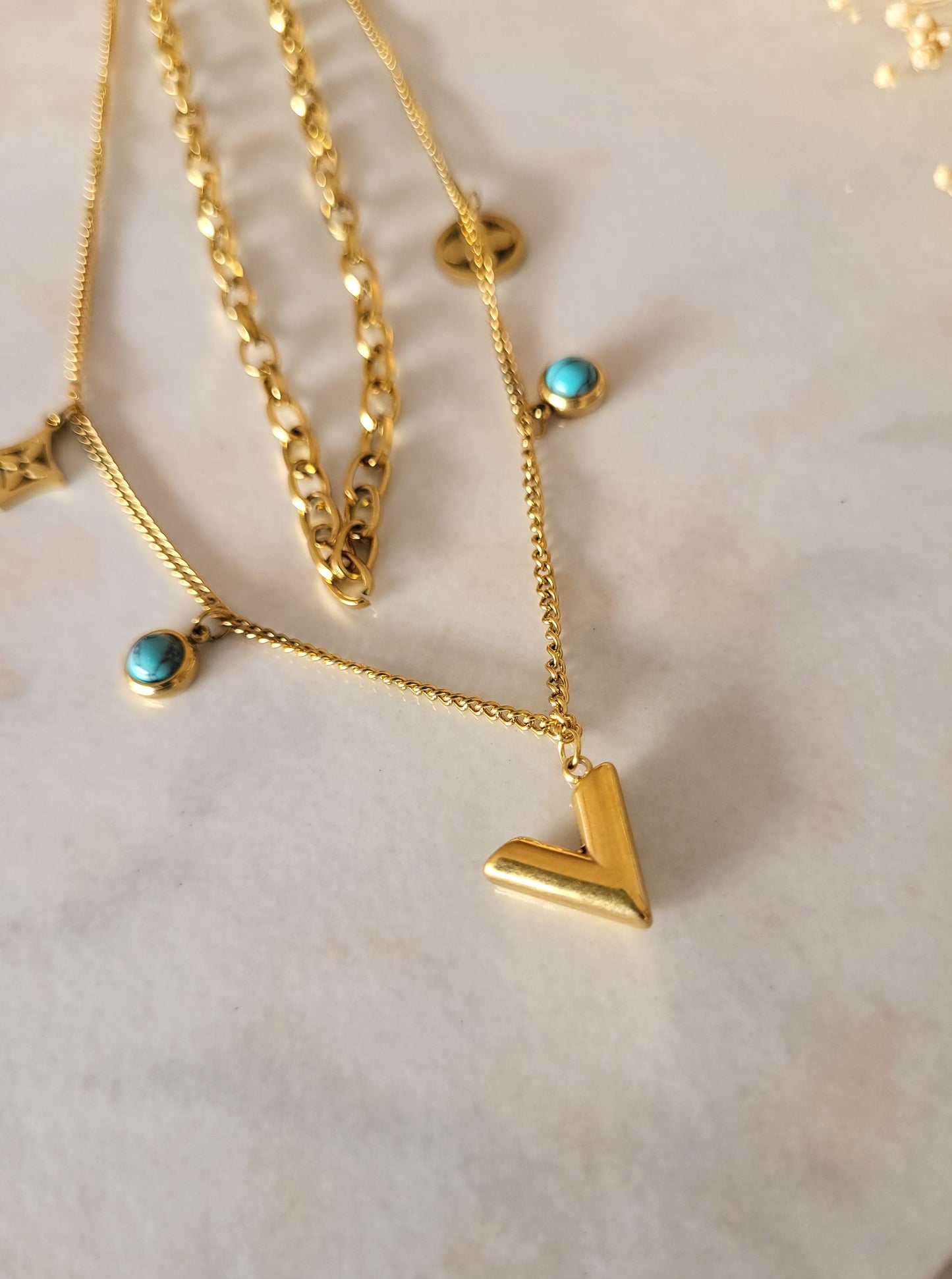 Double Layer Necklace - Turquoise Stone / "V" Pendant