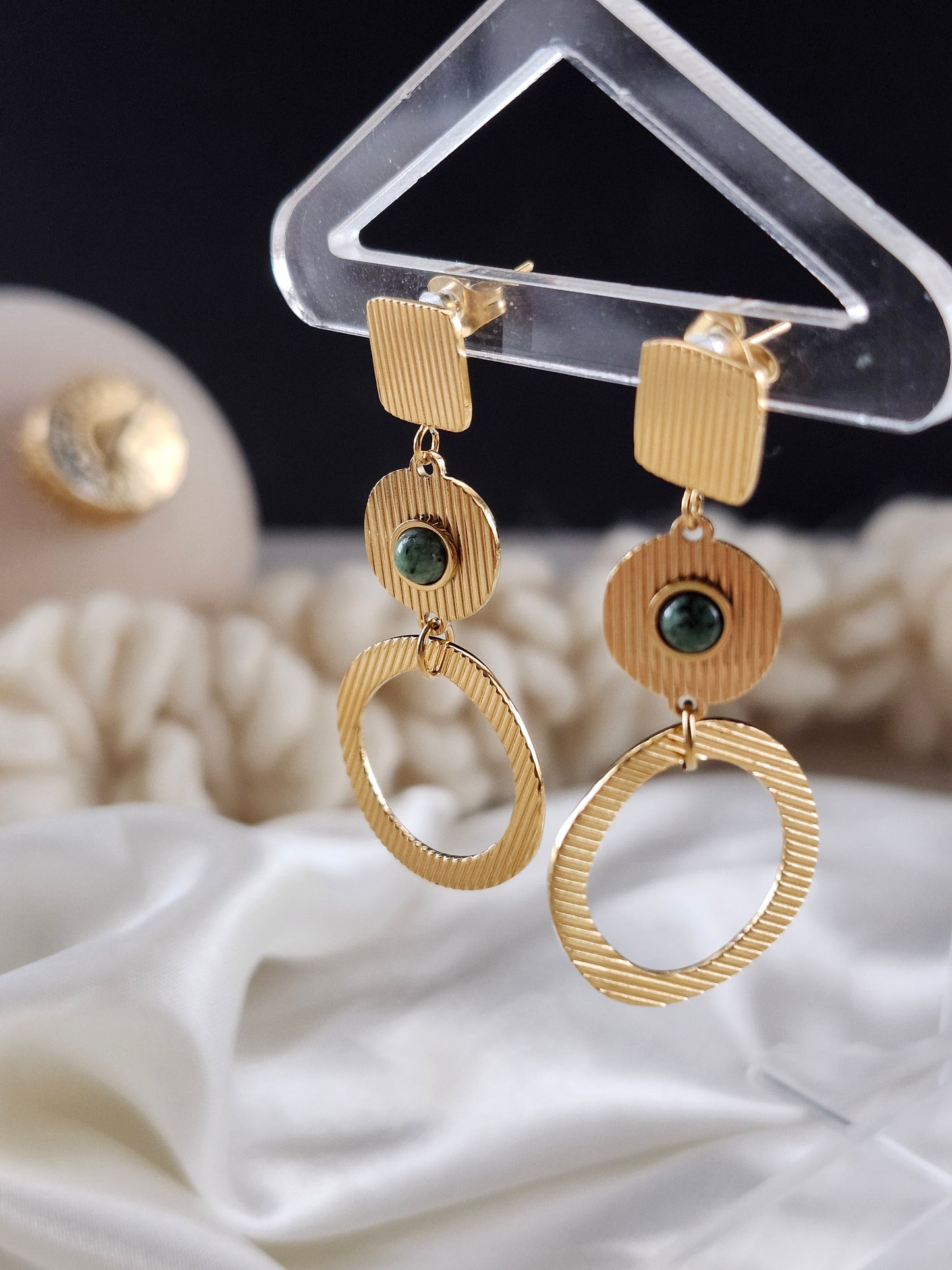 Vintage Circle Drop Earring - Stainless Steel / Natural Stone