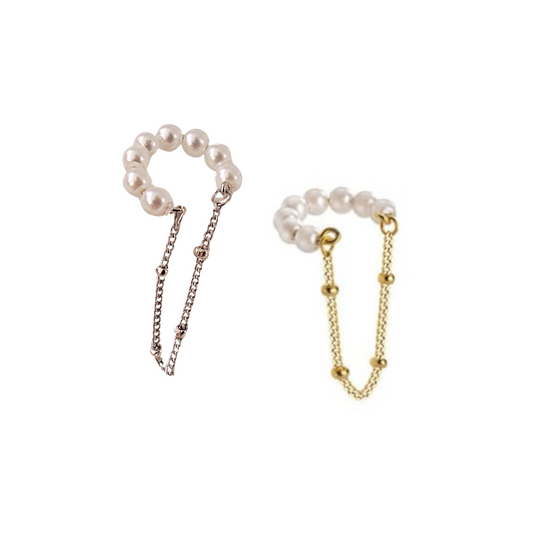 Ear Cuff con cadena y perlas - No se necesita perforación / Plata / Oro