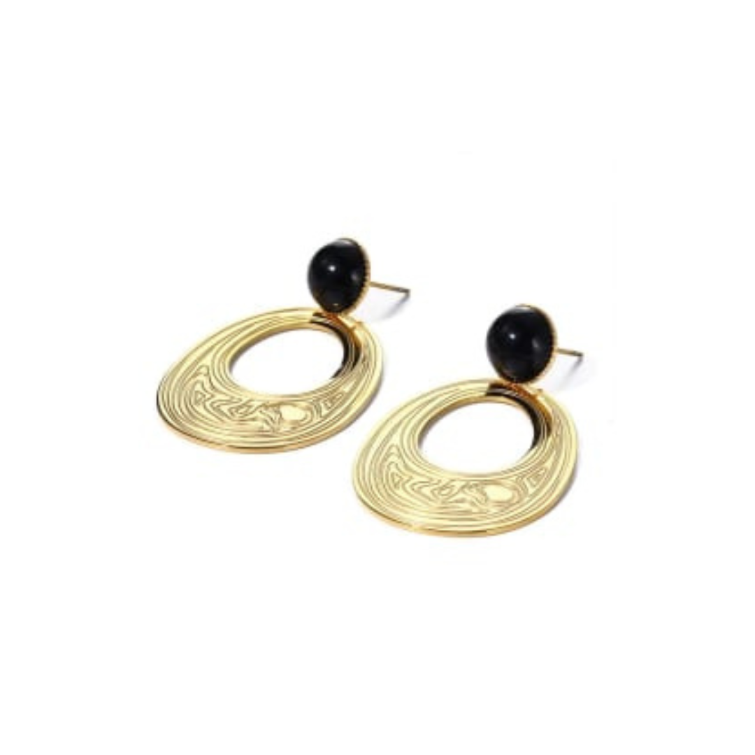 Black and Gold Drop Earring -  Engraved / Natural Black Stone